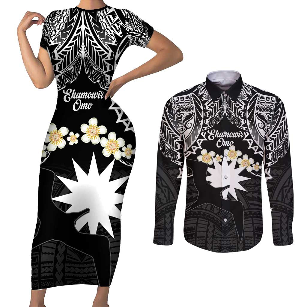 Ekamowir Omo Nauru Couples Matching Short Sleeve Bodycon Dress and Long Sleeve Button Shirt Naoero Twelve-pointed Star Polynesian Tattoo
