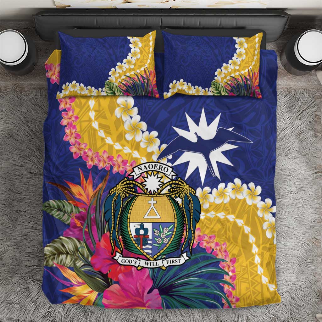 Nauru Independence Day Bedding Set Coat Of Arms With Tropical Flowers