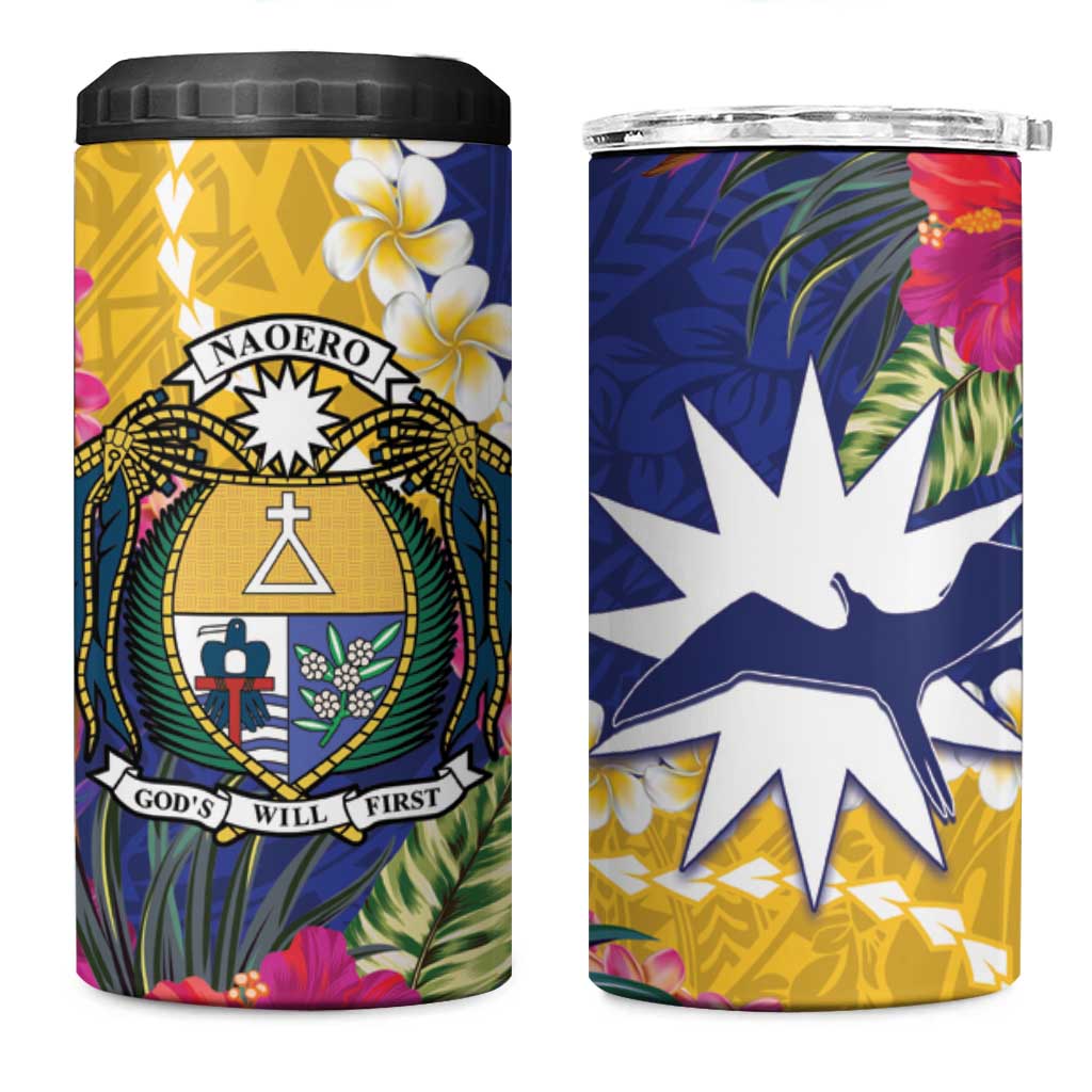 Nauru Independence Day 4 in 1 Can Cooler Tumbler Coat Of Arms With Tropical Flowers