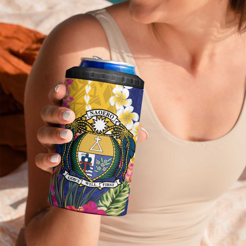 Nauru Independence Day 4 in 1 Can Cooler Tumbler Coat Of Arms With Tropical Flowers LT14 - Polynesian Pride
