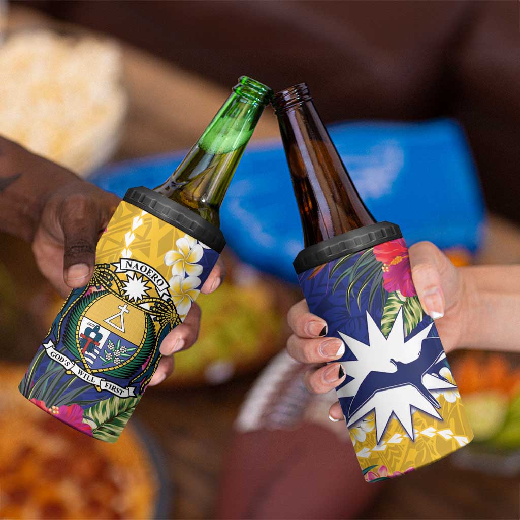 Nauru Independence Day 4 in 1 Can Cooler Tumbler Coat Of Arms With Tropical Flowers LT14 - Polynesian Pride