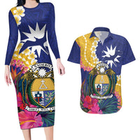 Nauru Independence Day Couples Matching Long Sleeve Bodycon Dress and Hawaiian Shirt Coat Of Arms With Tropical Flowers LT14 Blue - Polynesian Pride