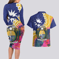 Nauru Independence Day Couples Matching Long Sleeve Bodycon Dress and Hawaiian Shirt Coat Of Arms With Tropical Flowers LT14 - Polynesian Pride