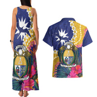 Nauru Independence Day Couples Matching Tank Maxi Dress and Hawaiian Shirt Coat Of Arms With Tropical Flowers