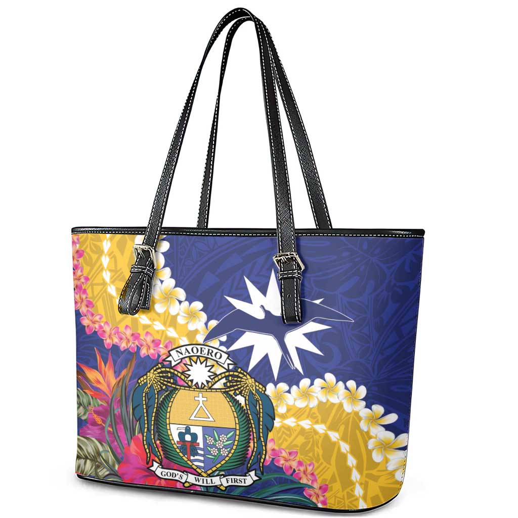 Nauru Independence Day Leather Tote Bag Coat Of Arms With Tropical Flowers