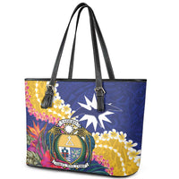 Nauru Independence Day Leather Tote Bag Coat Of Arms With Tropical Flowers