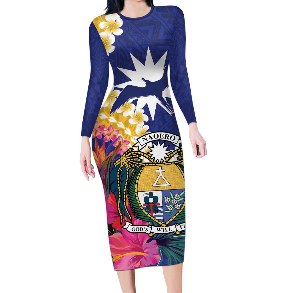 Nauru Independence Day Long Sleeve Bodycon Dress Coat Of Arms With Tropical Flowers