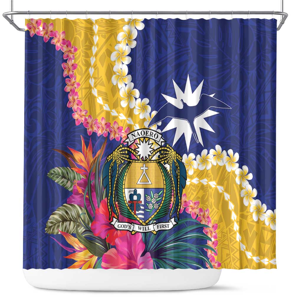 Nauru Independence Day Shower Curtain Coat Of Arms With Tropical Flowers