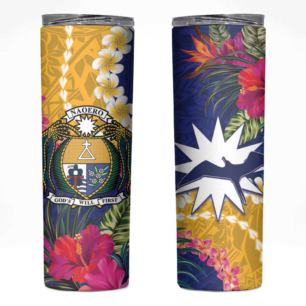 Nauru Independence Day Skinny Tumbler Coat Of Arms With Tropical Flowers