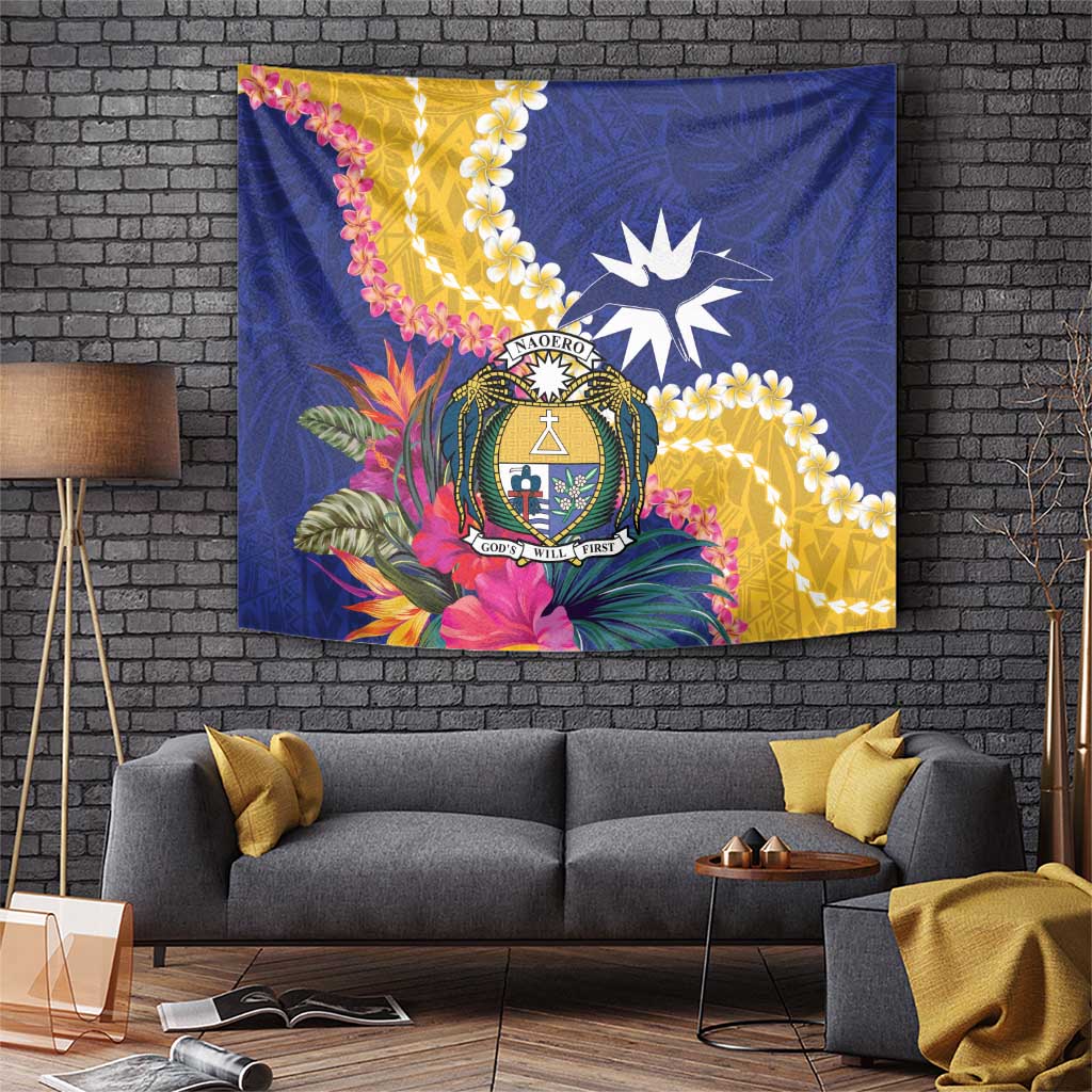 Nauru Independence Day Tapestry Coat Of Arms With Tropical Flowers