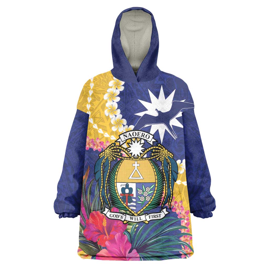 Nauru Independence Day Wearable Blanket Hoodie Coat Of Arms With Tropical Flowers