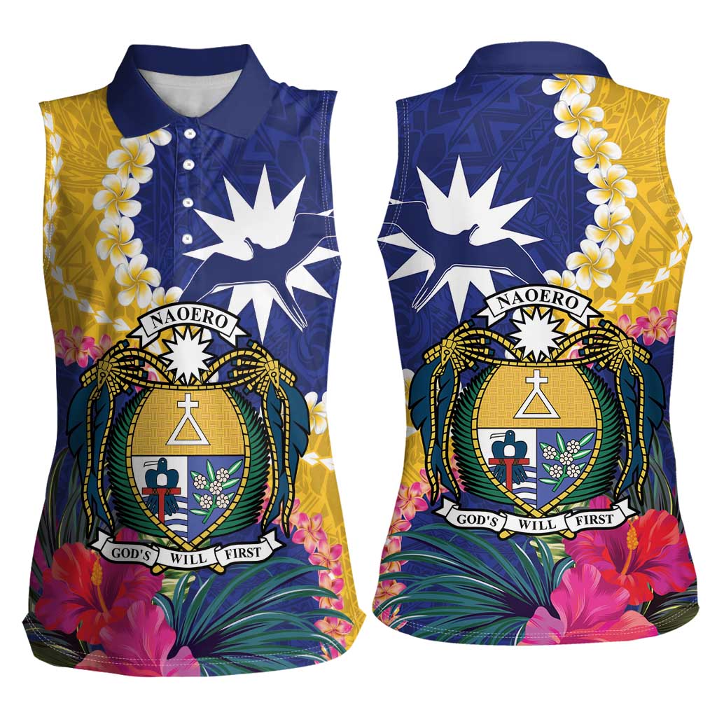 Nauru Independence Day Women Sleeveless Polo Shirt Coat Of Arms With Tropical Flowers