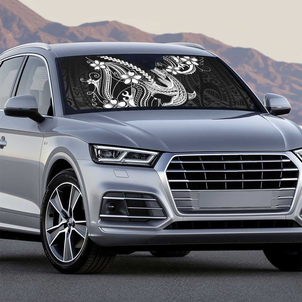 Black Aloha Hawaii Auto Sun Shade Polynesian Shark Tattoo With Plumeria - Polynesian Pride