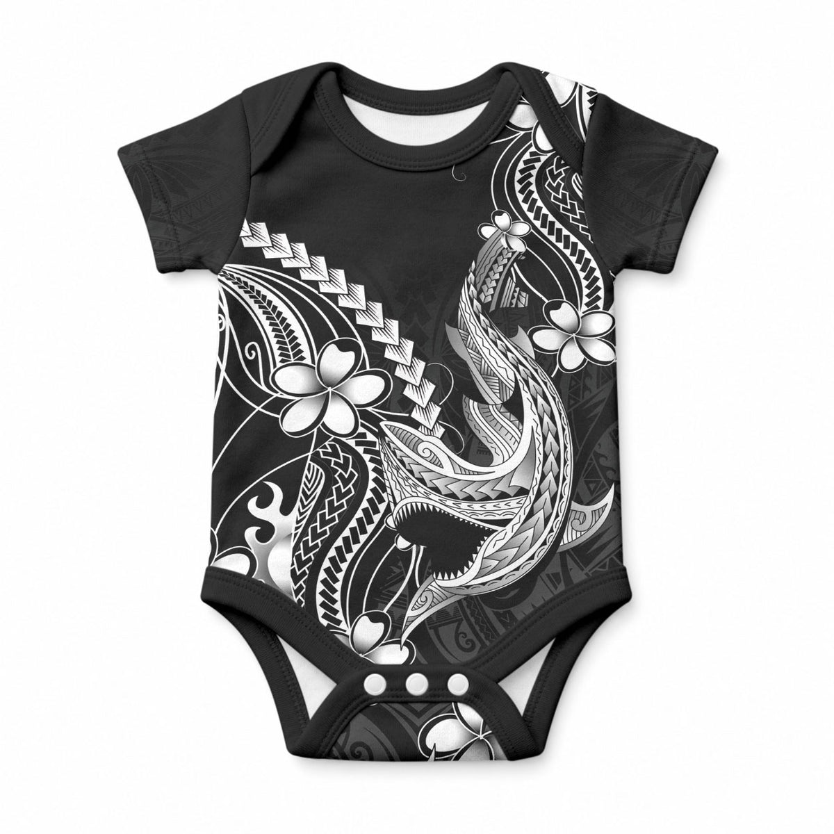 Black Aloha Hawaii Baby Onesie Polynesian Shark Tattoo With Plumeria