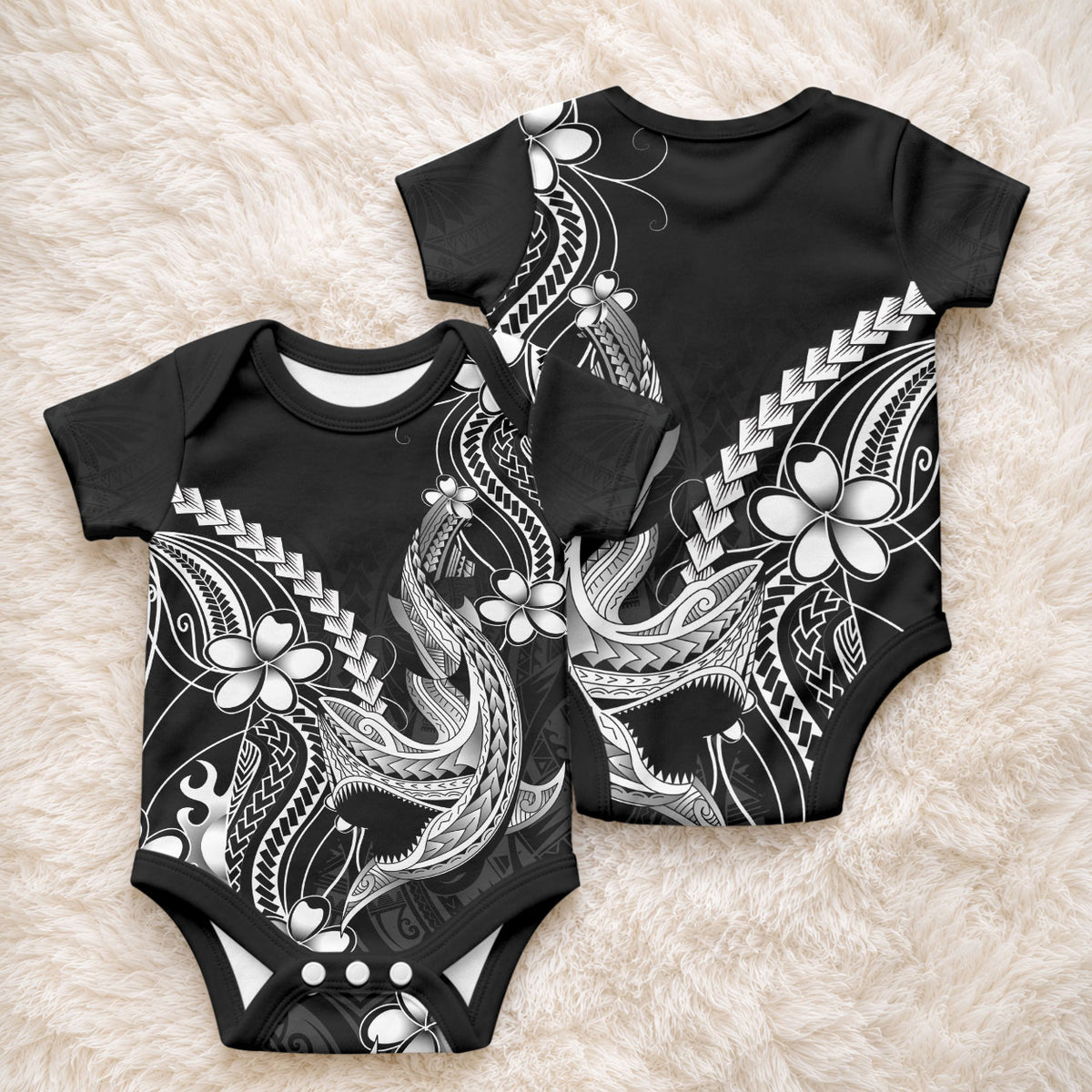 Black Aloha Hawaii Baby Onesie Polynesian Shark Tattoo With Plumeria