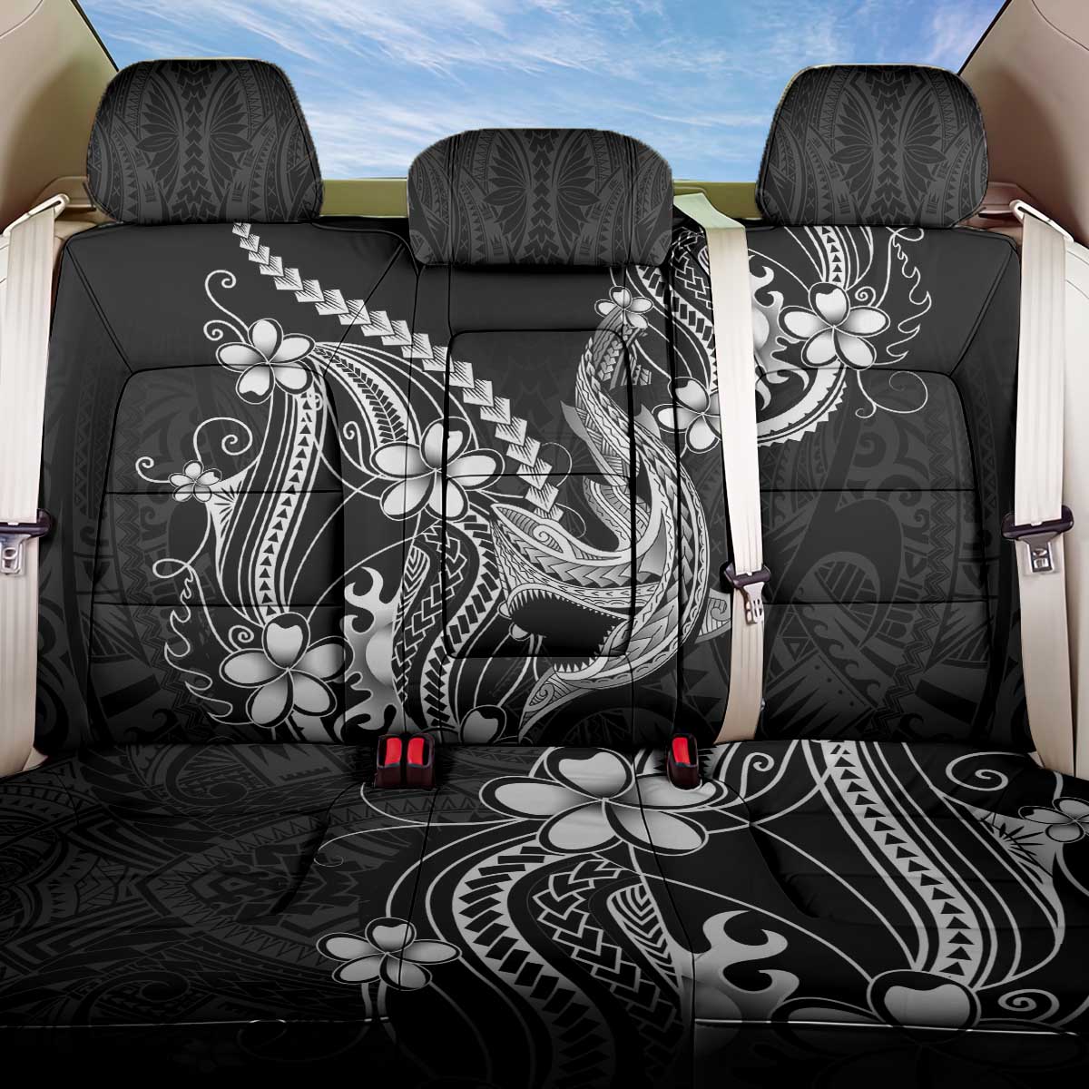 Black Aloha Hawaii Back Car Seat Cover Polynesian Shark Tattoo With Plumeria - Polynesian Pride