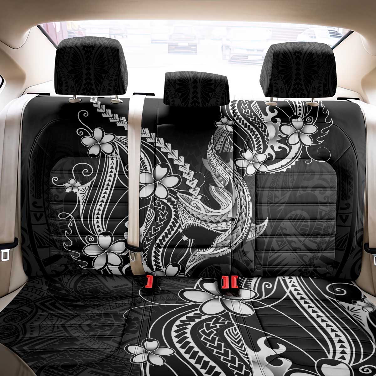 Black Aloha Hawaii Back Car Seat Cover Polynesian Shark Tattoo With Plumeria - Polynesian Pride