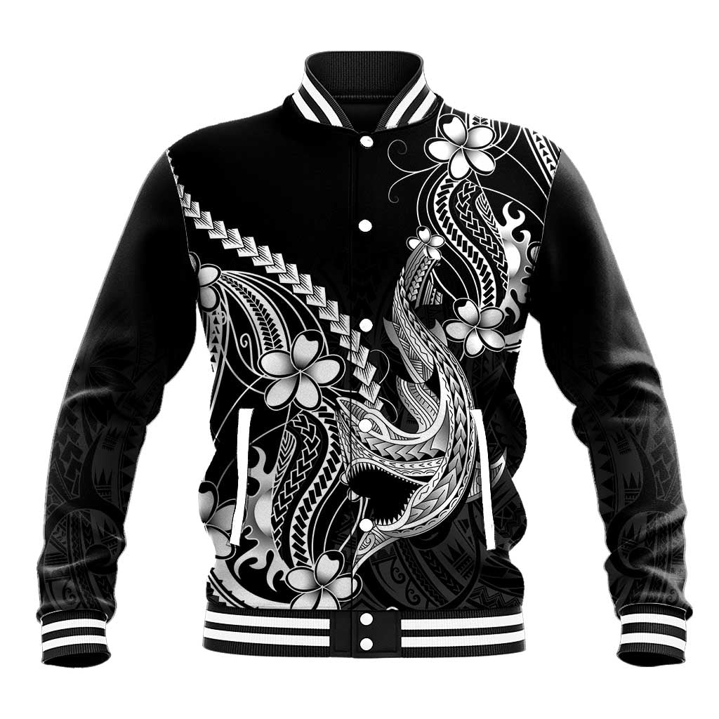 Black Aloha Hawaii Baseball Jacket Polynesian Shark Tattoo With Plumeria - Polynesian Pride