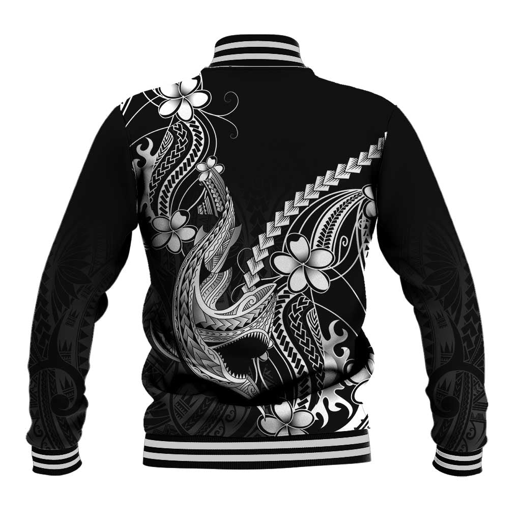 Black Aloha Hawaii Baseball Jacket Polynesian Shark Tattoo With Plumeria - Polynesian Pride