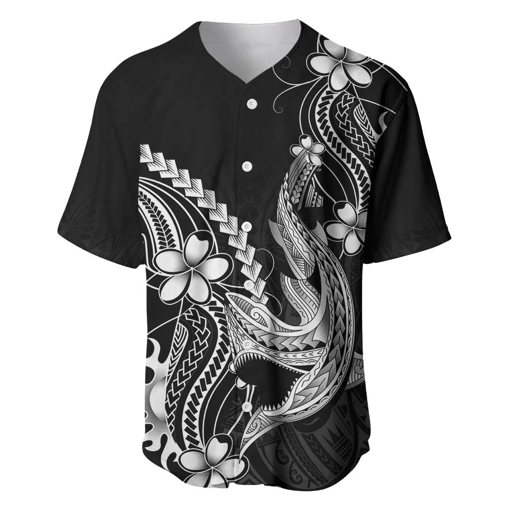 Black Aloha Hawaii Baseball Jersey Polynesian Shark Tattoo With Plumeria - Polynesian Pride