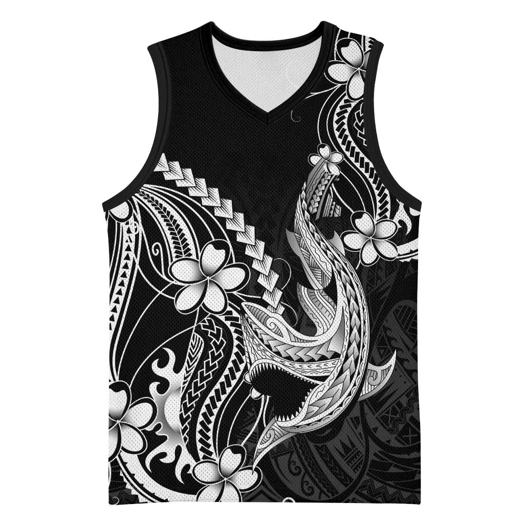 Black Aloha Hawaii Basketball Jersey Polynesian Shark Tattoo With Plumeria - Polynesian Pride