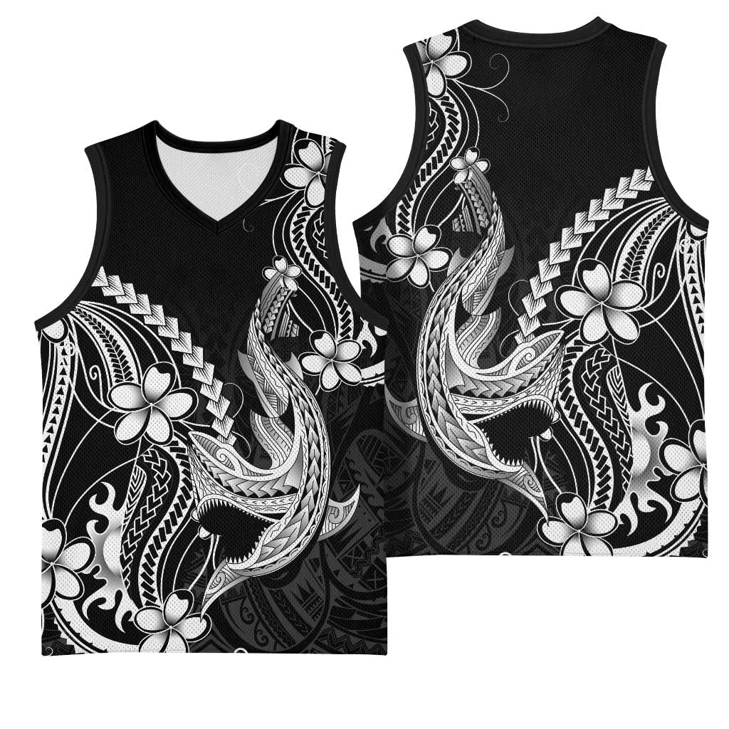 Black Aloha Hawaii Basketball Jersey Polynesian Shark Tattoo With Plumeria - Polynesian Pride
