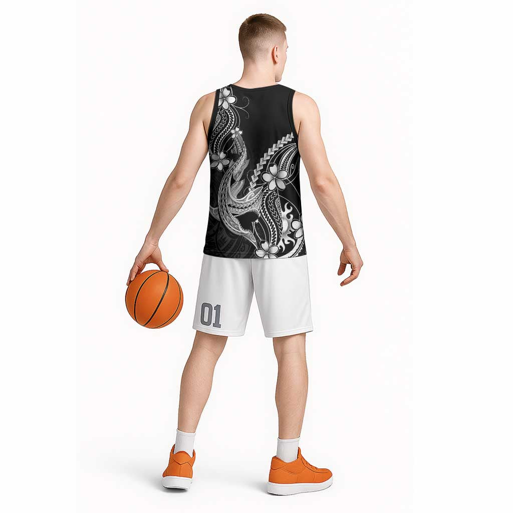 Black Aloha Hawaii Basketball Jersey Polynesian Shark Tattoo With Plumeria - Polynesian Pride