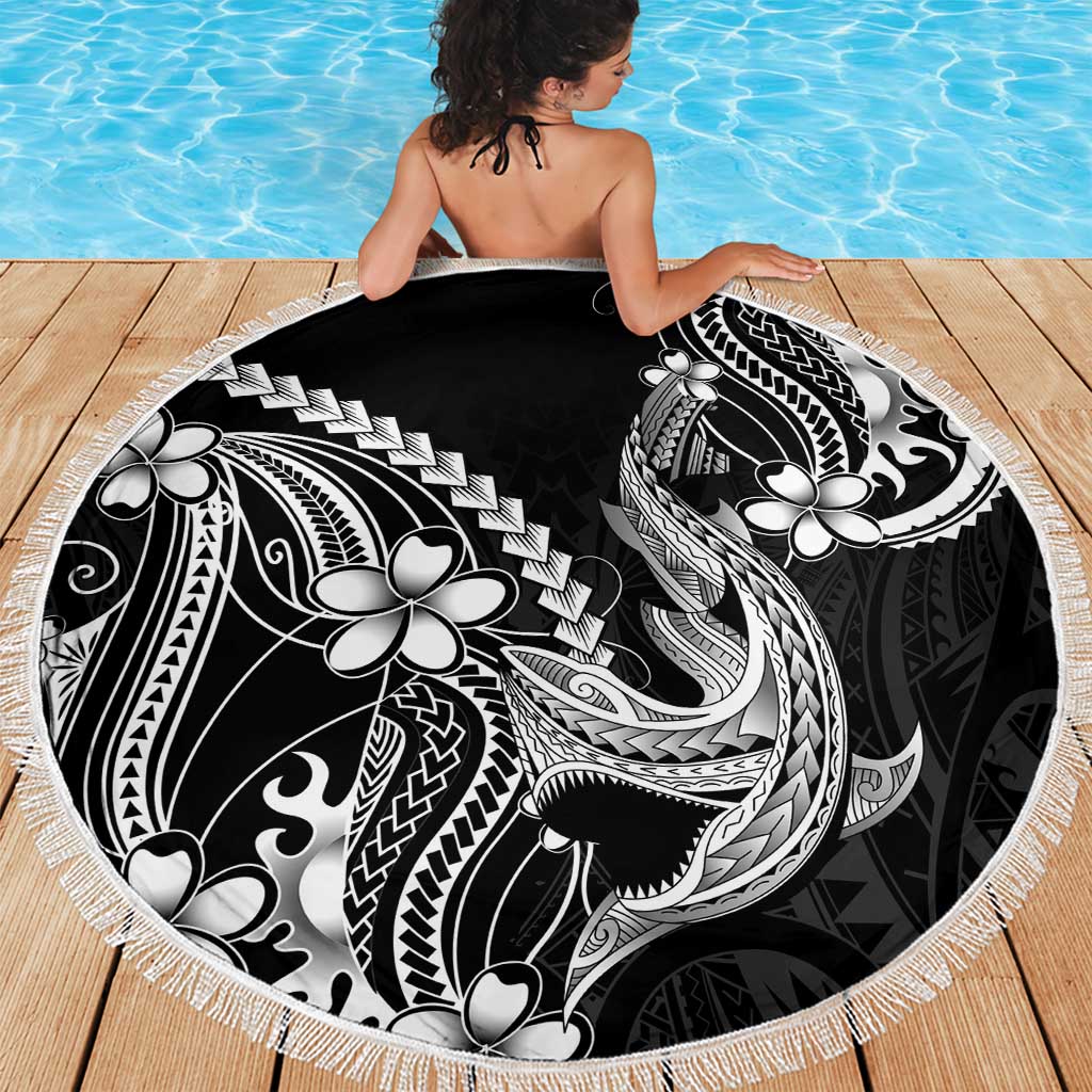 Black Aloha Hawaii Beach Blanket Polynesian Shark Tattoo With Plumeria - Polynesian Pride