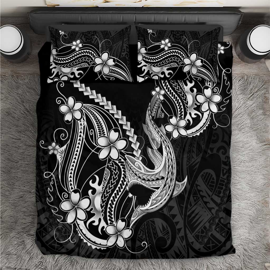 Black Aloha Hawaii Bedding Set Polynesian Shark Tattoo With Plumeria - Polynesian Pride