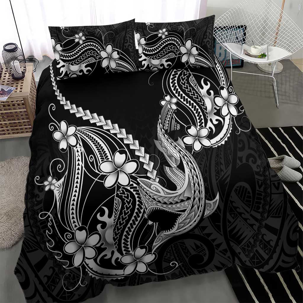 Black Aloha Hawaii Bedding Set Polynesian Shark Tattoo With Plumeria - Polynesian Pride