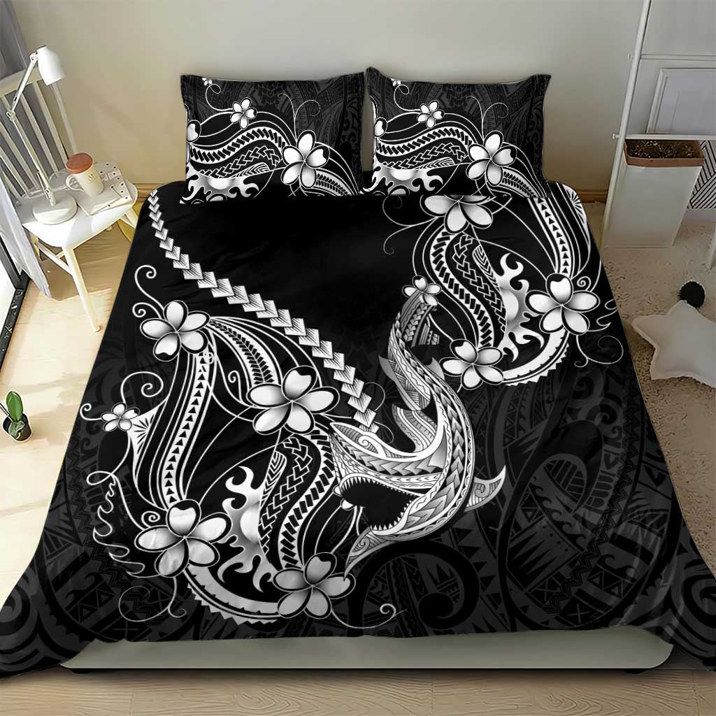 Black Aloha Hawaii Bedding Set Polynesian Shark Tattoo With Plumeria - Polynesian Pride