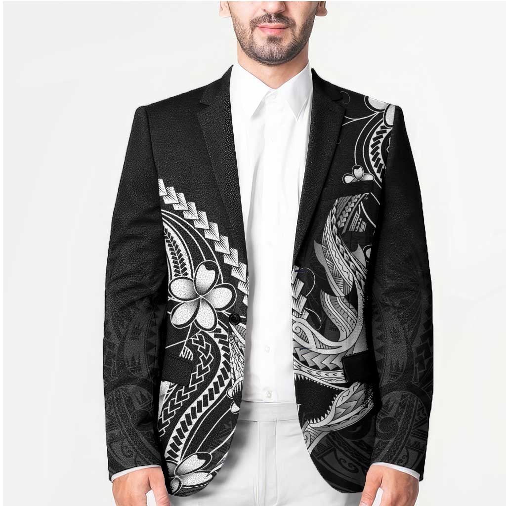 Black Aloha Hawaii Blazer Polynesian Shark Tattoo With Plumeria - Polynesian Pride