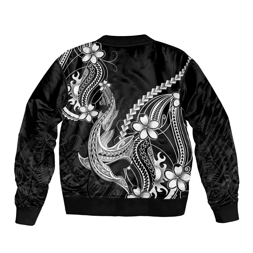 Black Aloha Hawaii Bomber Jacket Polynesian Shark Tattoo With Plumeria - Polynesian Pride