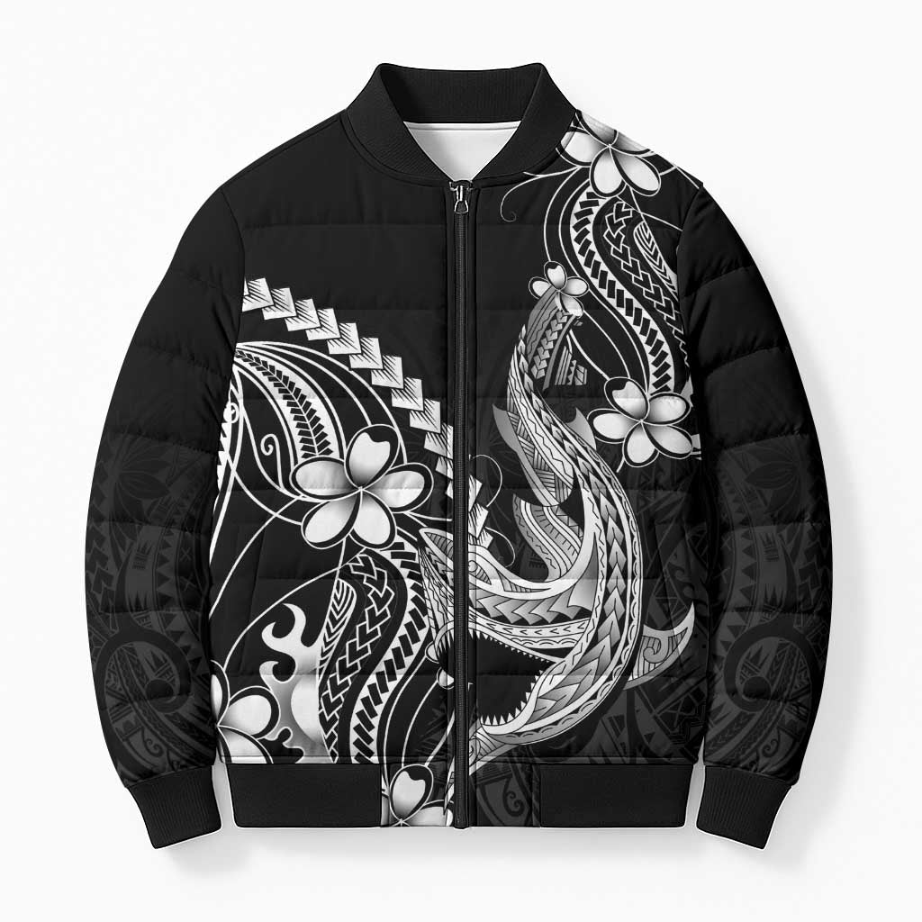 Black Aloha Hawaii Bomber Puffer Jacket Polynesian Shark Tattoo With Plumeria - Polynesian Pride