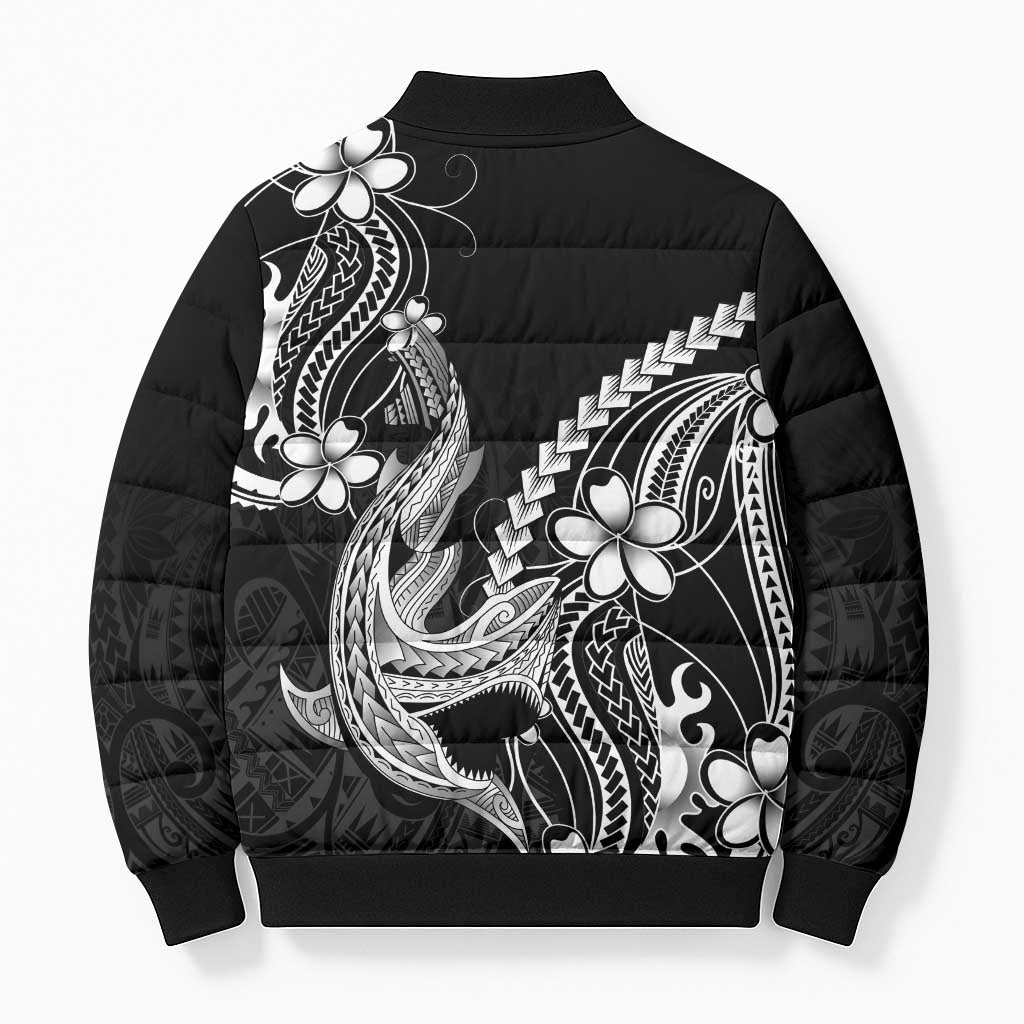 Black Aloha Hawaii Bomber Puffer Jacket Polynesian Shark Tattoo With Plumeria - Polynesian Pride