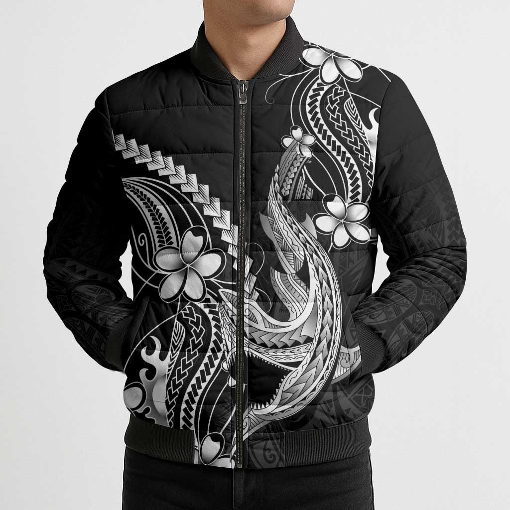 Black Aloha Hawaii Bomber Puffer Jacket Polynesian Shark Tattoo With Plumeria - Polynesian Pride