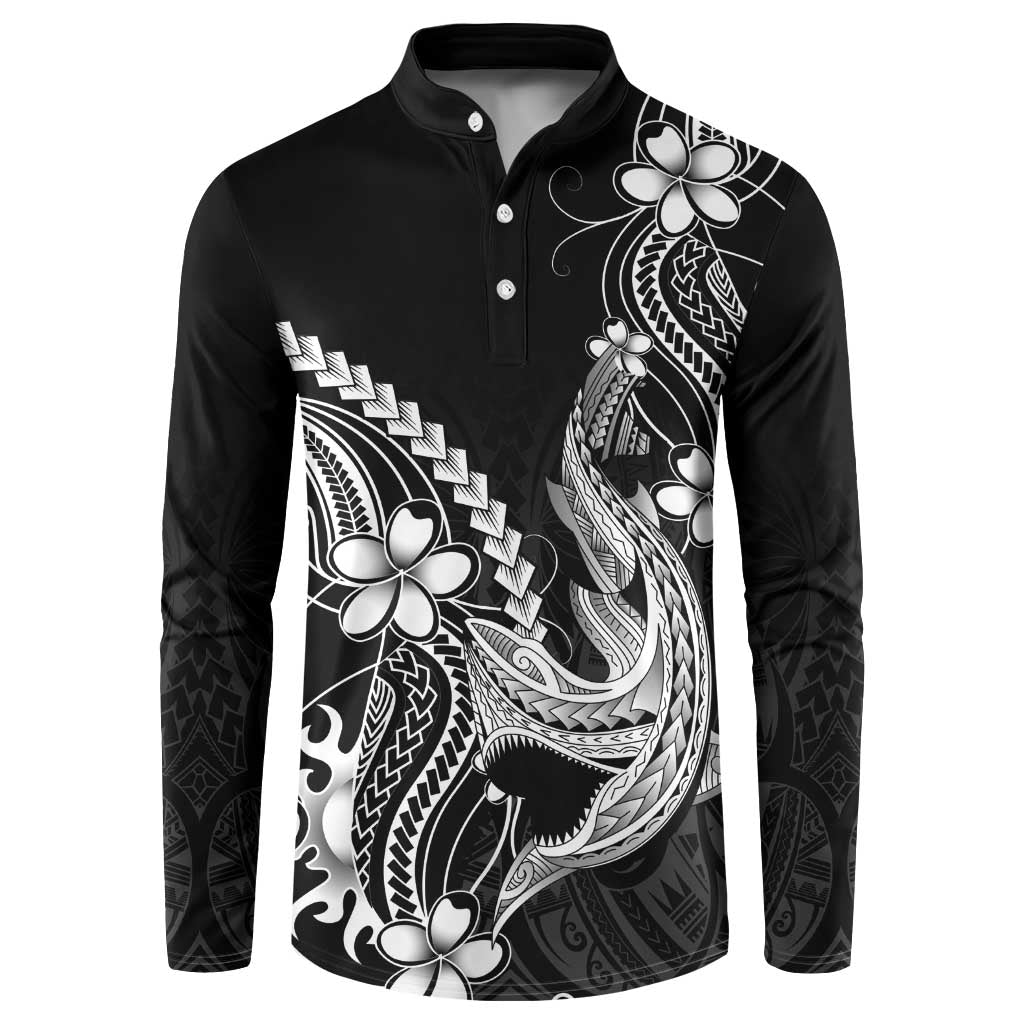 Black Aloha Hawaii Button Sweatshirt Polynesian Shark Tattoo With Plumeria - Polynesian Pride