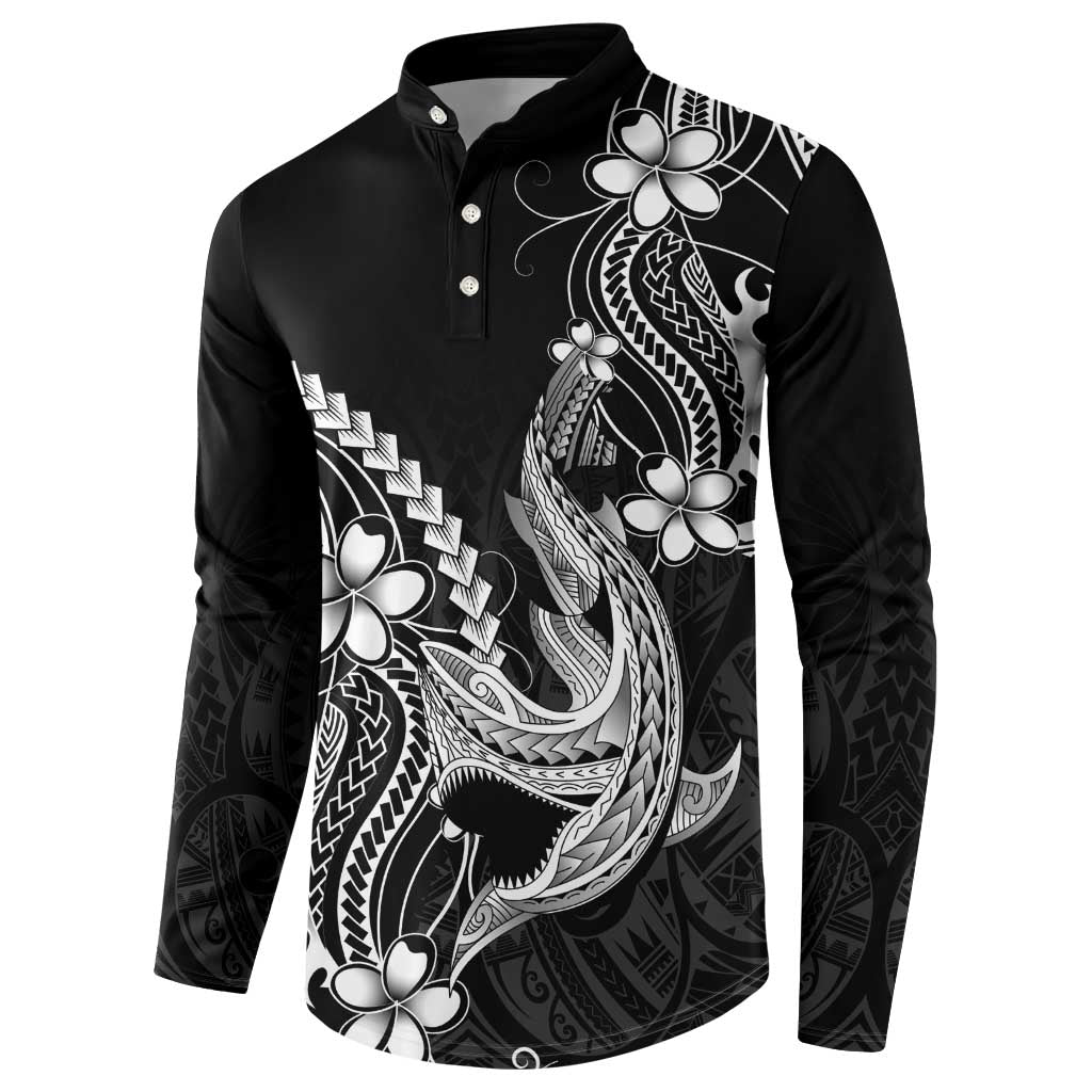 Black Aloha Hawaii Button Sweatshirt Polynesian Shark Tattoo With Plumeria - Polynesian Pride