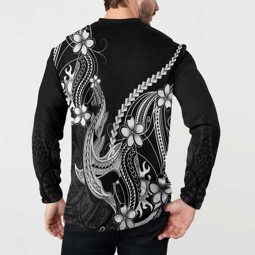 Black Aloha Hawaii Button Sweatshirt Polynesian Shark Tattoo With Plumeria - Polynesian Pride