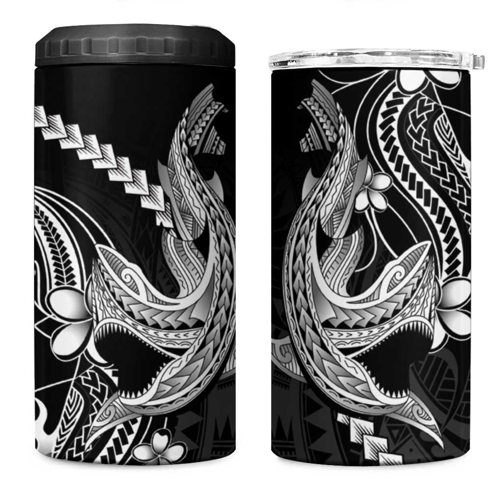Black Aloha Hawaii 4 in 1 Can Cooler Tumbler Polynesian Shark Tattoo With Plumeria - Polynesian Pride