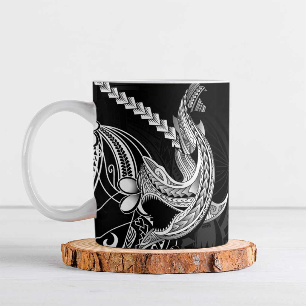 Black Aloha Hawaii Ceramic Mug Polynesian Shark Tattoo With Plumeria - Polynesian Pride