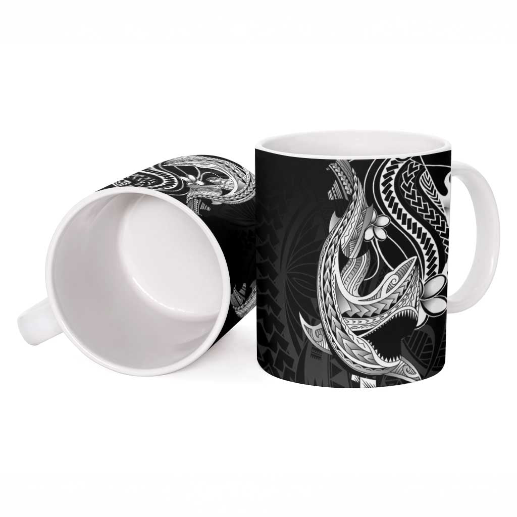 Black Aloha Hawaii Ceramic Mug Polynesian Shark Tattoo With Plumeria - Polynesian Pride