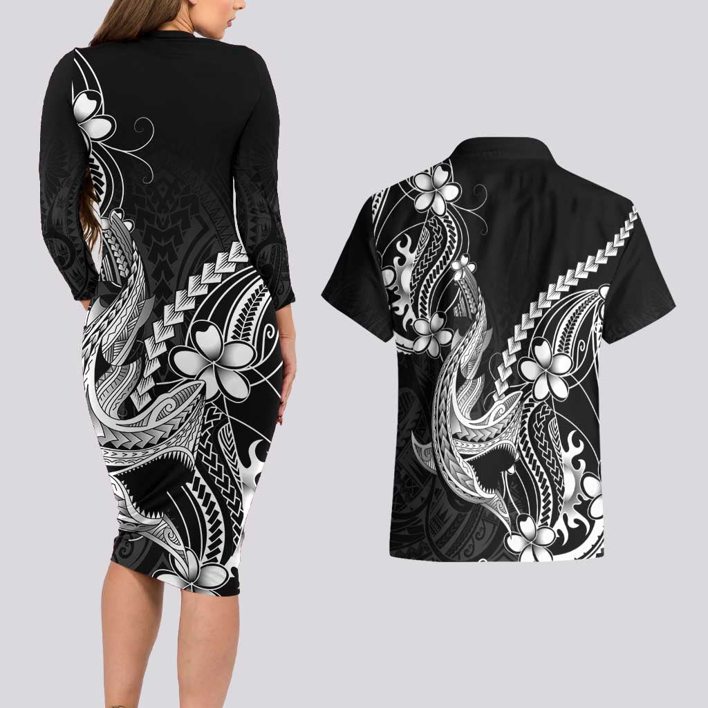 Black Aloha Hawaii Couples Matching Long Sleeve Bodycon Dress and Hawaiian Shirt Polynesian Shark Tattoo With Plumeria - Polynesian Pride