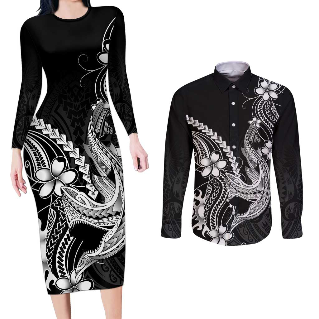 Black Aloha Hawaii Couples Matching Long Sleeve Bodycon Dress and Long Sleeve Button Shirt Polynesian Shark Tattoo With Plumeria - Polynesian Pride
