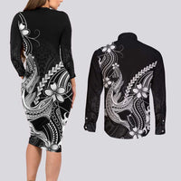 Black Aloha Hawaii Couples Matching Long Sleeve Bodycon Dress and Long Sleeve Button Shirt Polynesian Shark Tattoo With Plumeria - Polynesian Pride