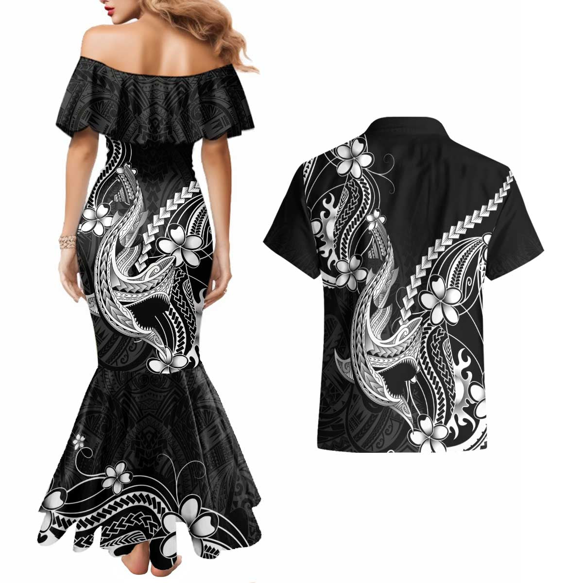 Black Aloha Hawaii Couples Matching Mermaid Dress and Hawaiian Shirt Polynesian Shark Tattoo With Plumeria - Polynesian Pride