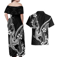 Black Aloha Hawaii Couples Matching Off Shoulder Maxi Dress and Hawaiian Shirt Polynesian Shark Tattoo With Plumeria - Polynesian Pride