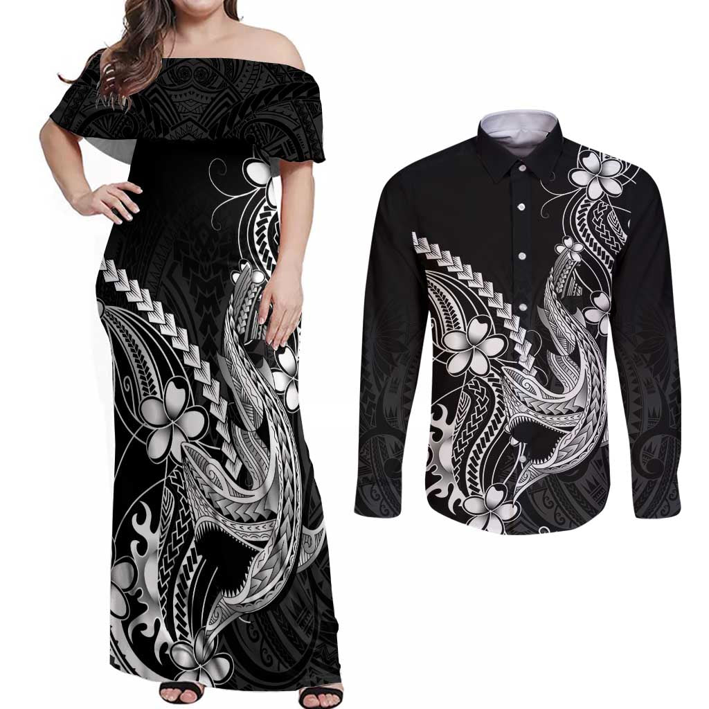Black Aloha Hawaii Couples Matching Off Shoulder Maxi Dress and Long Sleeve Button Shirt Polynesian Shark Tattoo With Plumeria - Polynesian Pride