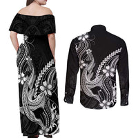 Black Aloha Hawaii Couples Matching Off Shoulder Maxi Dress and Long Sleeve Button Shirt Polynesian Shark Tattoo With Plumeria - Polynesian Pride