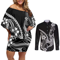 Black Aloha Hawaii Couples Matching Off Shoulder Short Dress and Long Sleeve Button Shirt Polynesian Shark Tattoo With Plumeria - Polynesian Pride